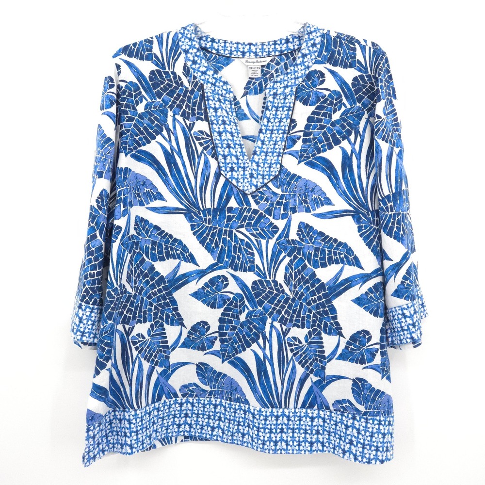 Tommy Bahama Tunic Top Womens XXL Blue White Tropical Linen 3/4 Sleeve V-Neck